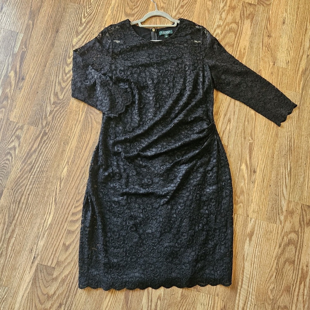 Ralph Lauren Black Lace Sheath Dress Womens 16W 3/4 Sleeve Classy Modest Minimal